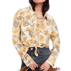 Zara Yellow Hibiscus Printed Floral Eyelet Front Tie Shirt Size US L